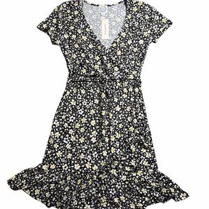 Francesca’s Blue Rain Black Floral Faux Wrap Midi Dress with Ruffle Hem S NWT